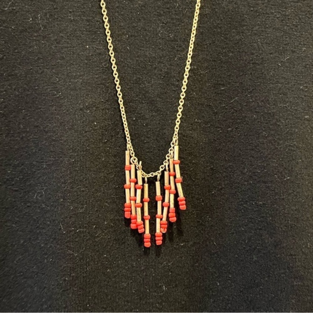 🦌🥑Vintage Boho Fringe Necklace | Brass & Red Beads | Statement Jewelry Festival